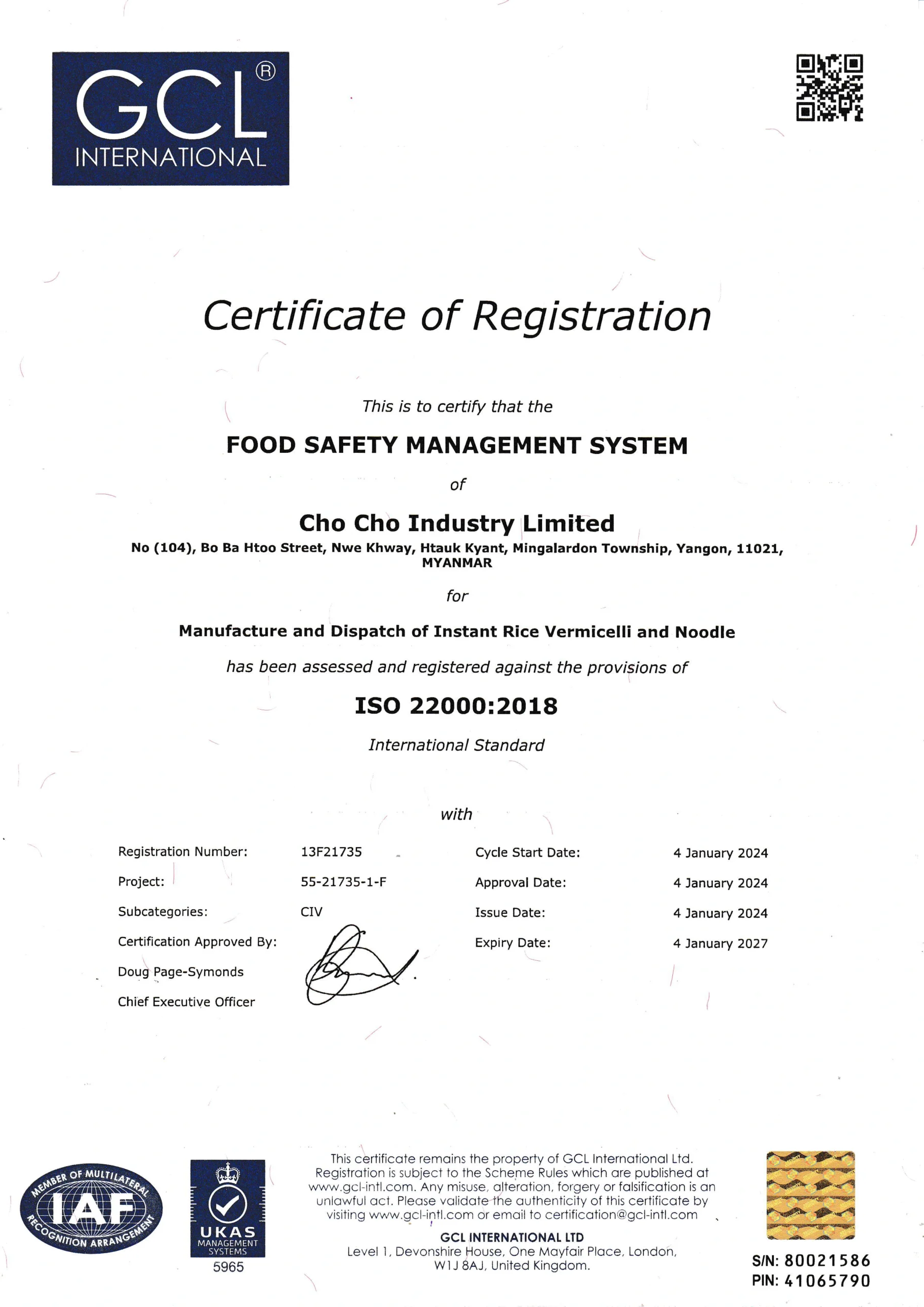 Cho Cho Certificate I (ISO 22000)